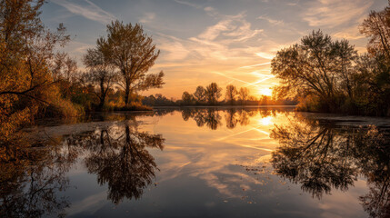 Obraz premium Tranquil sunset over calm river with tree reflection in autumn landscape