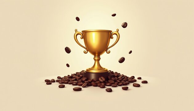 Golden trophy rests on pile of coffee beans with beans falling around. Symbol of best coffee award. Represents coffee shop success, brewing quality competition winner. Best drink prize.