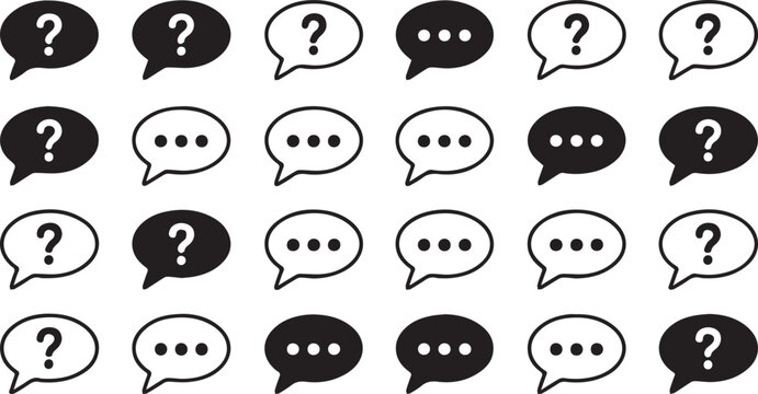 black and white chat speech bubbles with question marks and dots on white background