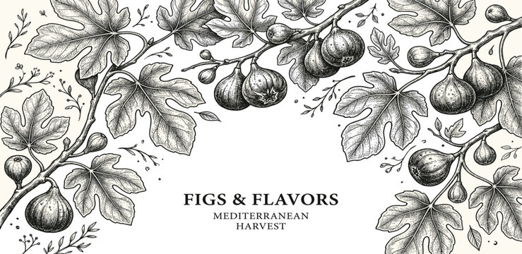 Background with fig tree brunch and leaves. Detailed hand drawn ink illustration for template layout design, brochure or cover for food card