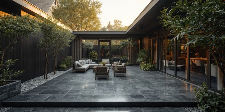 Renovated outdoor courtyard featuring a waterproof mastic covered terrace and spacious patio
