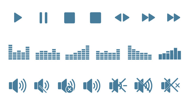 Set of blue media player control icons and audio volume indicators on white background.