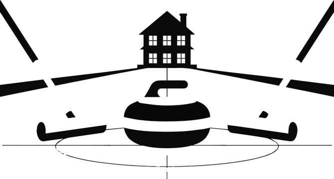 Curling sport illustration with house and ice rink  curling stone and brooms