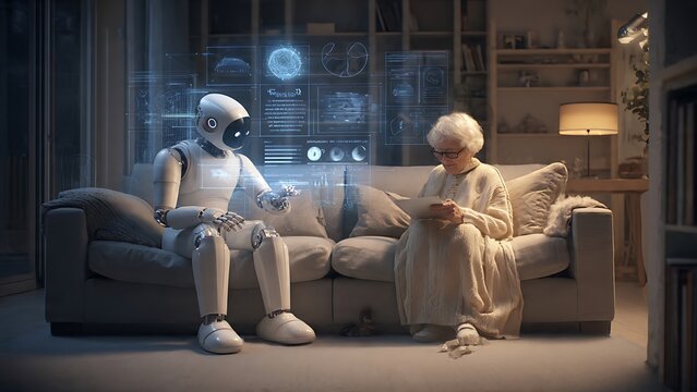 A humanoid robot companion providing digital assistance and technology support to an elderly person in a cozy living room home environment