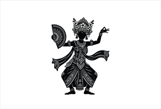 Silhouette Of Apsara Dancer With Fan Black And White Illustration