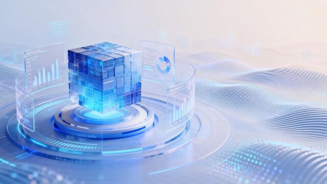 Futuristic digital cube with data interfaces