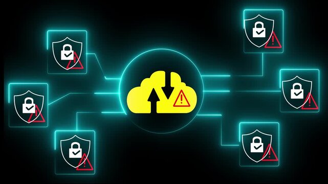 Cloud cyberattacks and security incidents. Server hacking and data breach attacks. On the black background 4k video.
