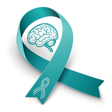 Teal awareness ribbon with brain and ribbon symbol for various causes.