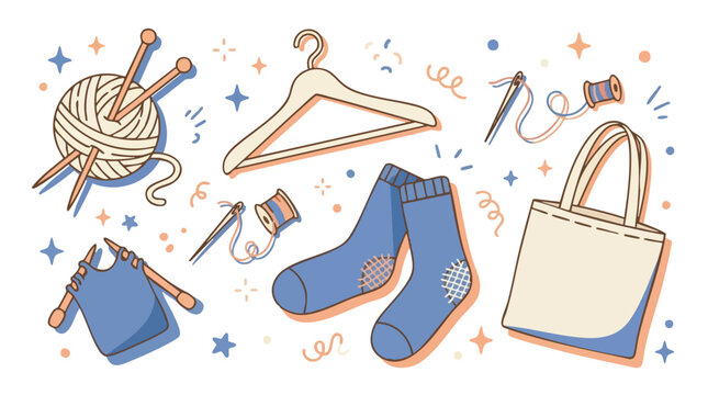 Handdrawn illustration of various items for sustainable living and DIY crafts including yarn knitting needles a clothes hanger socks a tote bag and sewing tools all set against a whimsical background.