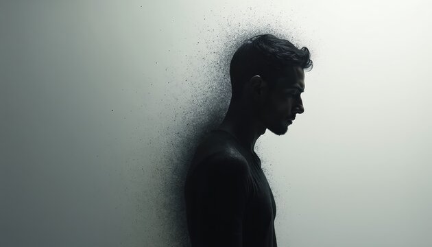 Man silhouette dissolves into particles, indicating fading identity or mental decay. Abstract concept of loss and vanishing spirit. Emotional despair, grief, or existential crisis shown.