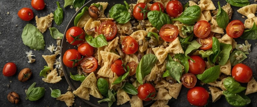 Delicious bowtie pasta salad with ripe cherry tomatoes and spinach leaves on dark background ideal for recipe copy space