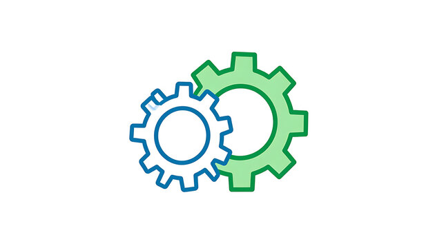 Two interlocking gears, one outlined blue and one solid green, representing teamwork and mechanics