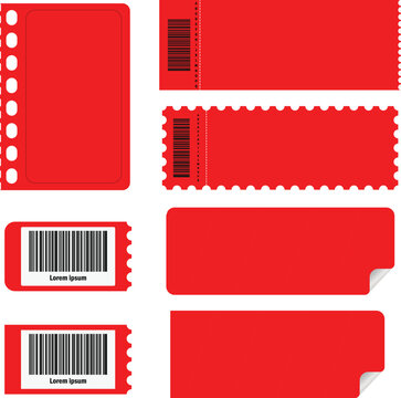 Red barcode coupon and ticket label set on white background. Crimson perforated pass with zigzag and punched edge detail. Flat vector event stub template for print and retail design.

