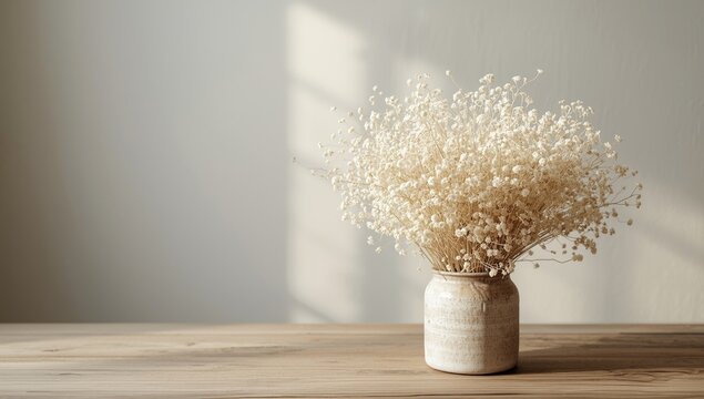 White dried flower centerpiece in pot with empty copy space