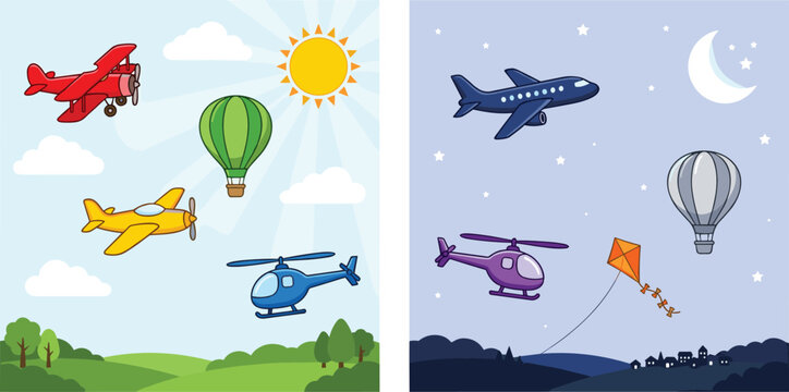 Day and Night Sky Transportation Vector Set Featuring Cartoon Airplane Helicopter Hot Air Balloon and Kite Over City and Nature Landscapes