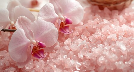 Obraz premium Serene spa setting with delicate orchid flowers and pink sea salt crystals with copy space