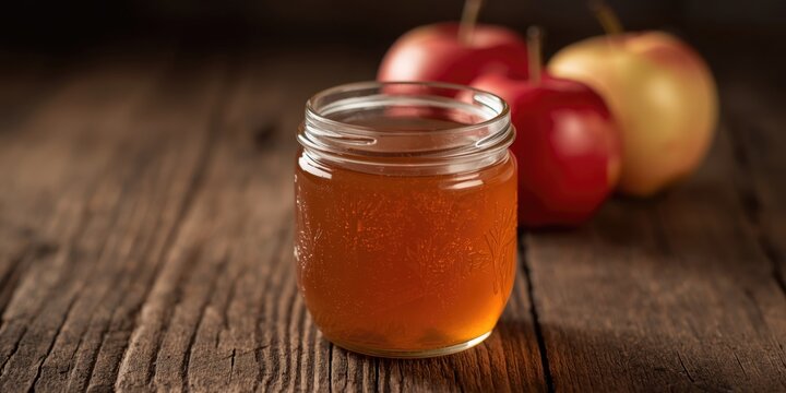 Homemade apple jelly in glass jar resting on rustic wood background