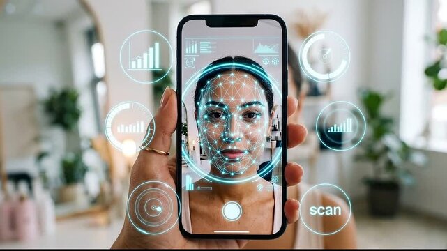 Face scan interface UI biometric authentication digital security futuristic technology woman smartphone hologram data visualization modern home interior innovation privacy facial recognition