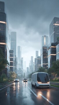 Autonomous electric delivery van driving on wet city street with futuristic skyscrapers under cloudy sky