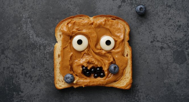 Close up of Halloween toast with monster face peanut butter and berries on gray background