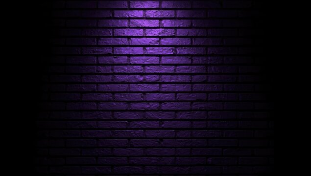 Striking contrast from deep dark wall behind precisely arranged purple bricks