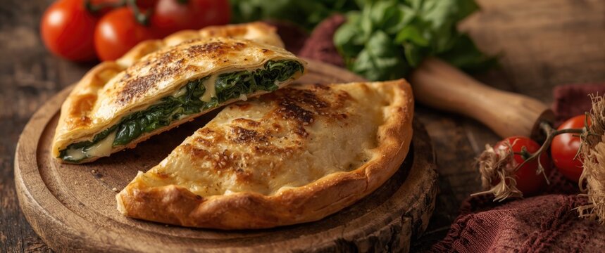 Rustic wooden board displaying crispy calzone filled with spinach and cheese