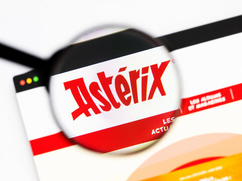 Milan, Italy 2026, 20 Apr Closeup of Asterix website on a laptop screen. Asterix logo under a magnifying glass.