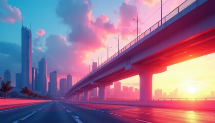 Obraz premium Modern overpass highway at sunset cityscape. Tall skyscrapers line horizon. Vibrant pink sky clouds glow bright. City infrastructure connects distant locations.
