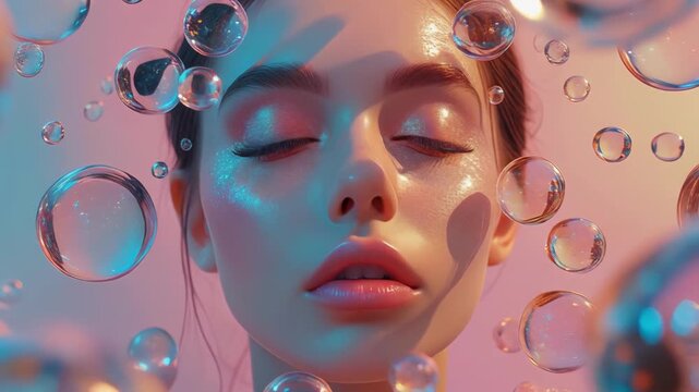 Dreamy woman portrait surrounded by floating soap bubbles.