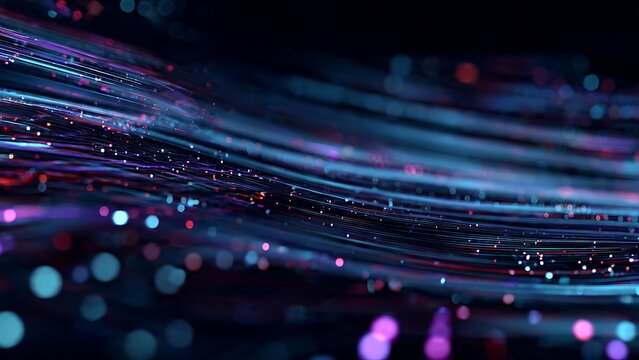 Abstract digital background with futuristic flowing data streams and glowing blue and purple light particles in motion