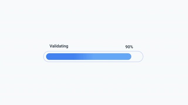 Animated progress bar displaying data validation status and completion percentage on a minimal interface. Ideal for data verification, quality control, software workflows, system checks, and technolog
