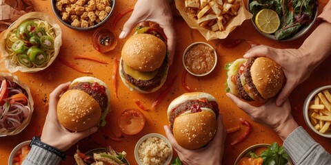 Variety of flavorful burgers grasped by hands on an orange food themed copy space backdrop