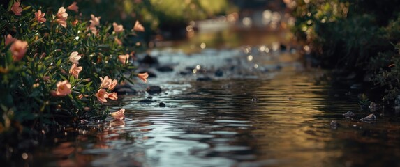 Fototapeta premium Tranquil stream winding past blooming flora in a scenic copy space