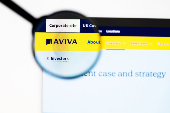 Milan, Italy 2026, 20 Apr Closeup of Aviva website on a laptop screen. Aviva logo under a magnifying glass.