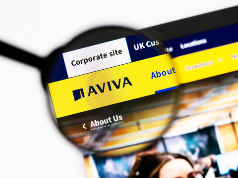 Milan, Italy 2026, 20 Apr Closeup of Aviva website on a laptop screen. Aviva logo under a magnifying glass.