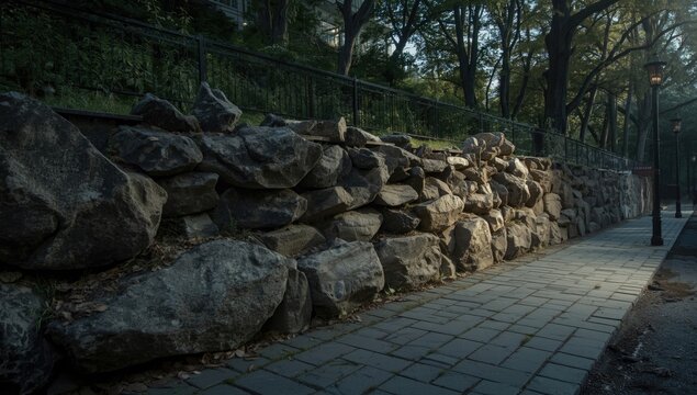 Natural rocky boulders built into a solid low retaining wall beside a quiet street