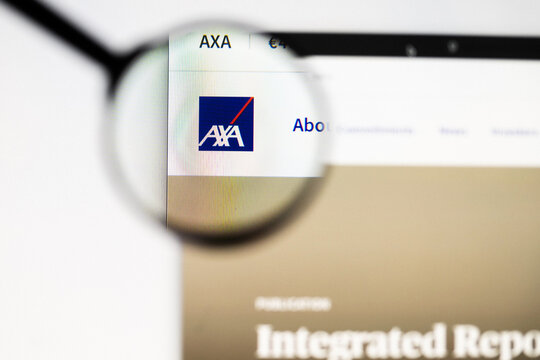 Milan, Italy 2026, 20 Apr Closeup of AXA Group website on a laptop screen. AXA Group logo under a magnifying glass.
