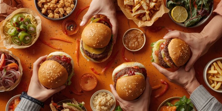 Variety of flavorful burgers grasped by hands on an orange food themed copy space backdrop