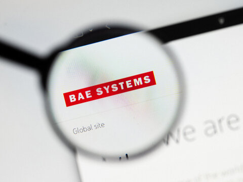 Milan, Italy 2026, 20 Apr Closeup of BAE Systems website on a laptop screen. BAE Systems logo under a magnifying glass.