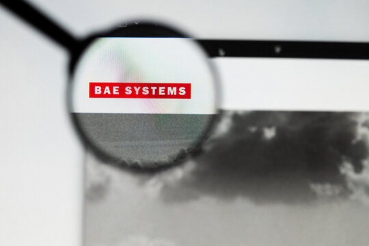 Milan, Italy 2026, 20 Apr Closeup of BAE Systems website on a laptop screen. BAE Systems logo under a magnifying glass.