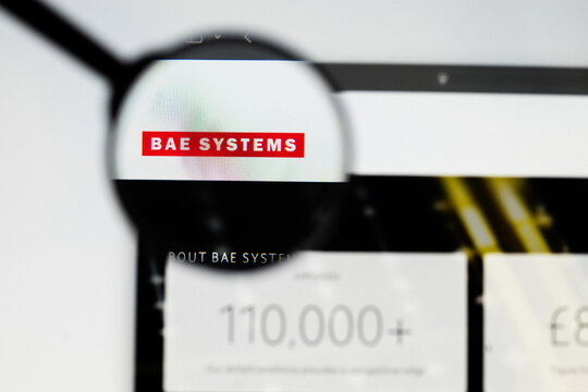 Milan, Italy 2026, 20 Apr Closeup of BAE Systems website on a laptop screen. BAE Systems logo under a magnifying glass.