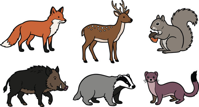European Woodland Animals Vector Icon Set with Fox, Spotted Deer, Squirrel, Wild Boar, Badger, and Weasel Flat Illustrations