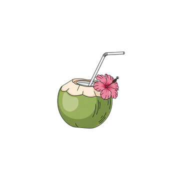 Refreshing Tropical Coconut Drink with Hibiscus Flower and Straw - A Perfect Refreshing Summer Beverage for Vacation
