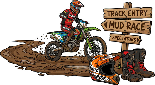 Motocross Rider Racing Through Mud on Dirt Bike Illustration