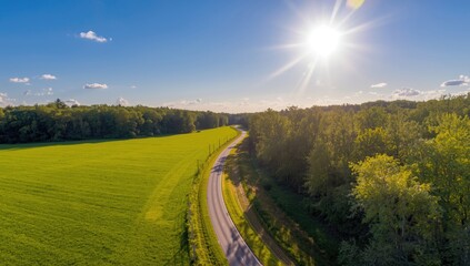 Obraz premium Drone photography showing a rural road bordered by bright green grass and forest under a summer sun