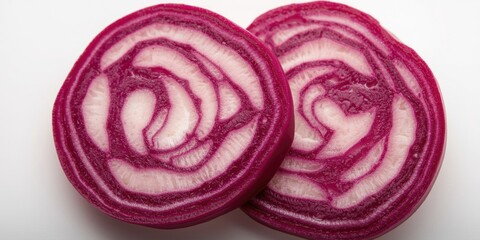 Obraz premium Close shot of sliced taro root with distinctive purple and cream swirls on a clean white backdrop