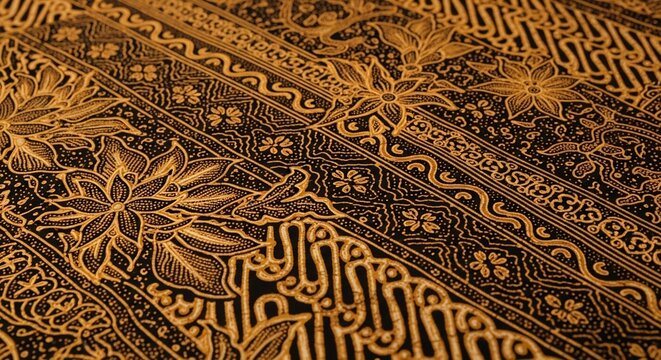 Close-up of Traditional Indonesian Batik Fabric with Intricate Floral Patterns.