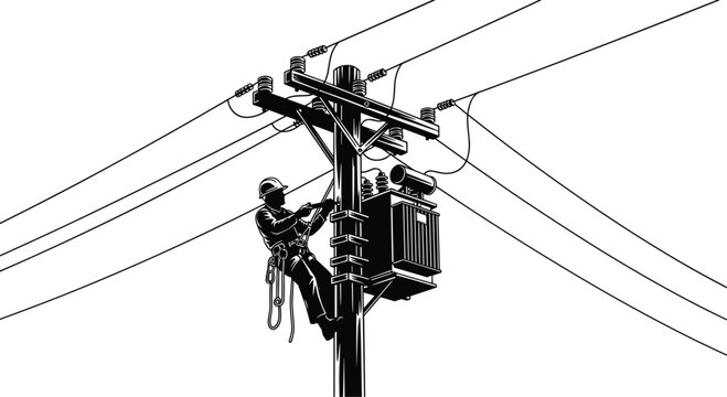 Silhouette of an electrician working on a utility pole with a transformer and wires Keywords: silhouette, electrician, utility, pole
