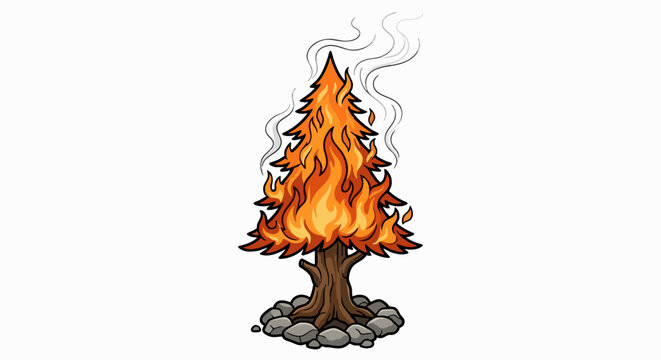 Cartoon illustration of a burning pine tree isolated on white