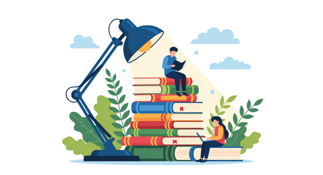 Educational illustration of students reading and using laptops while sitting on top of a tall stack of colorful books under a desk lamp.